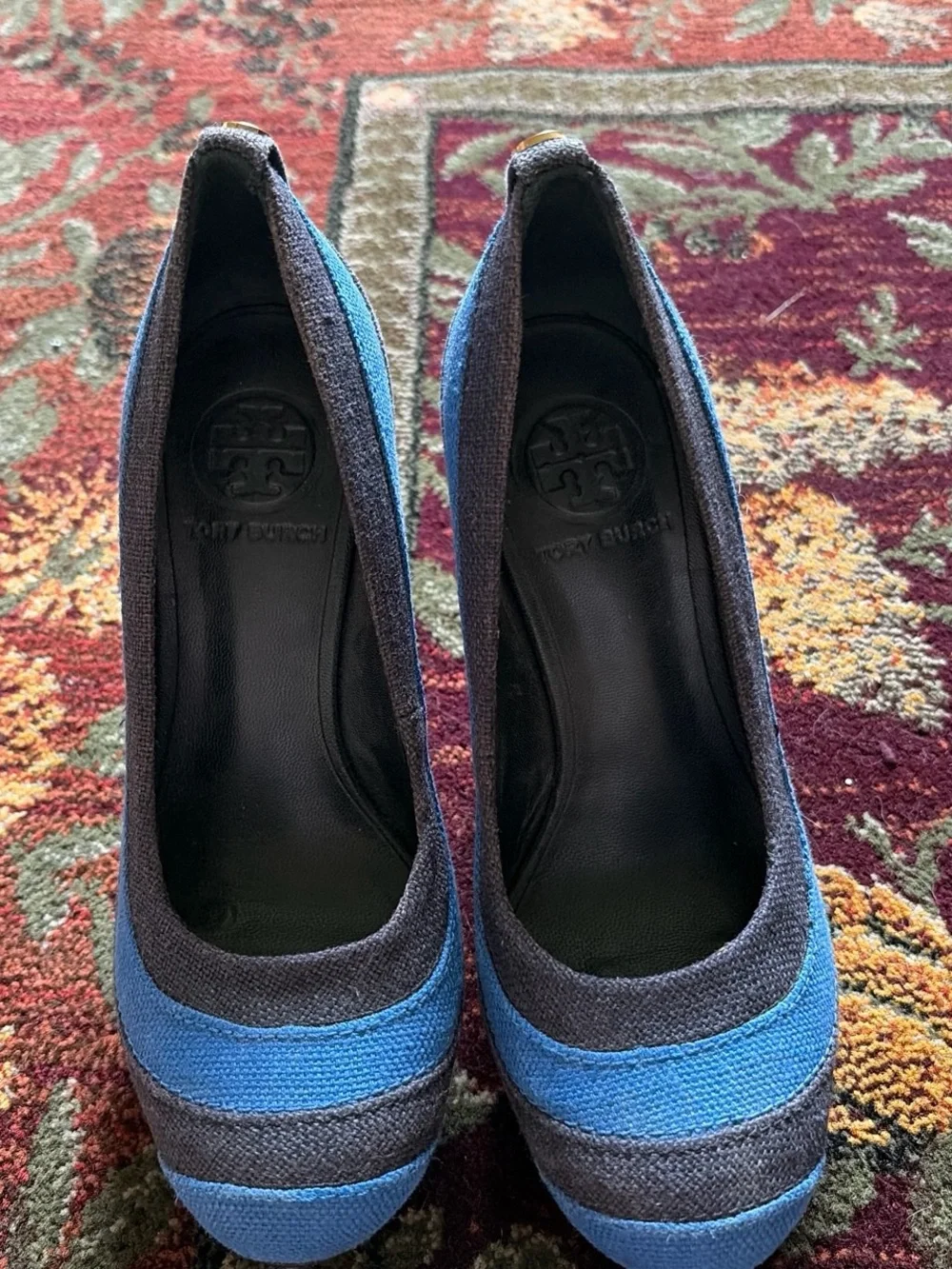 Tory Burch Blue and Navy Canvas Block Heel Pumps with Gold Logo